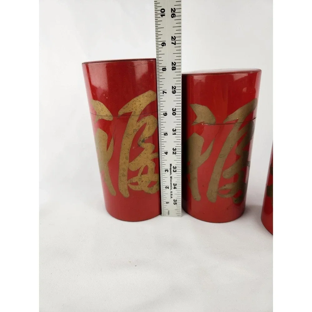 Vintage‎ Metal Nesting Canisters Set 3 Japanese Tole Tea Japan Red Hand Painted